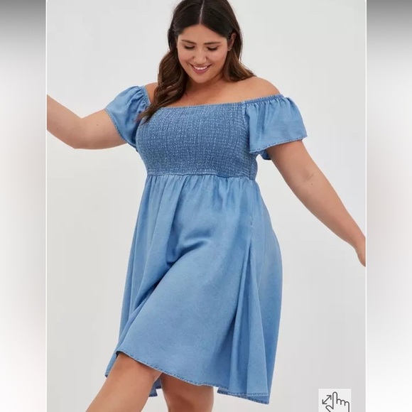 torrid Dresses & Skirts - Women’s TORRID Blue Chambray Off-Shoulder Smocked Skater Dress Size 1X